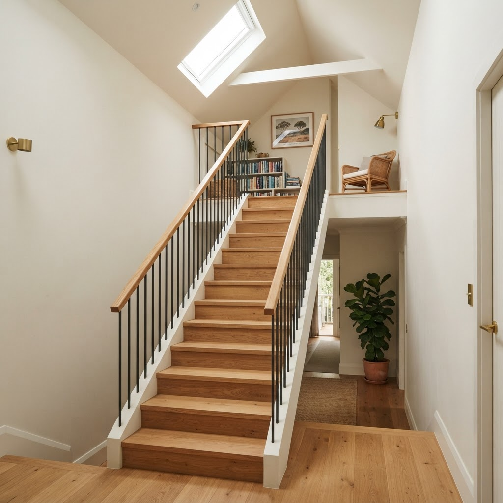 Comfortable conventional straight timber staircase with oak treads and a slim balustrade leading up to a finished attic conversion in a Sydney home