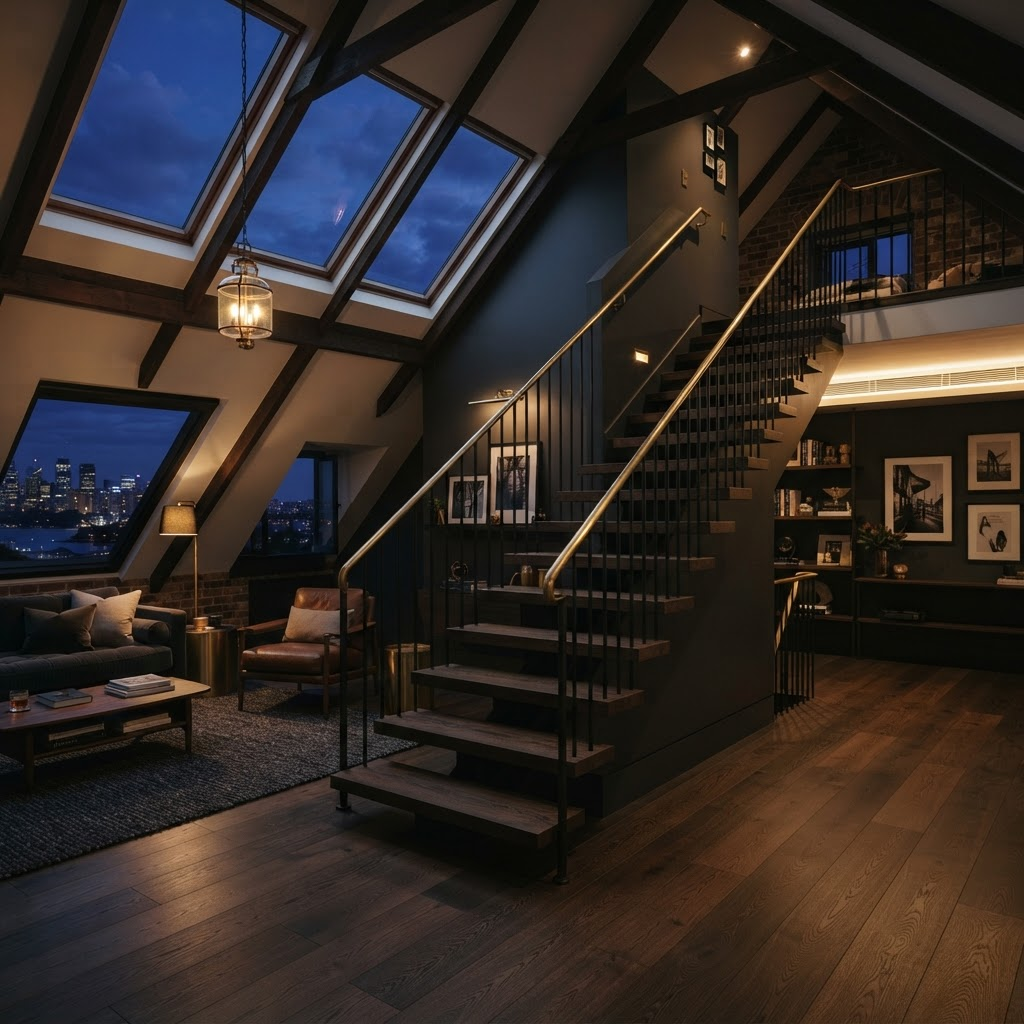 Beautifully finished attic room at dusk with a sculptural staircase in a premium Sydney home