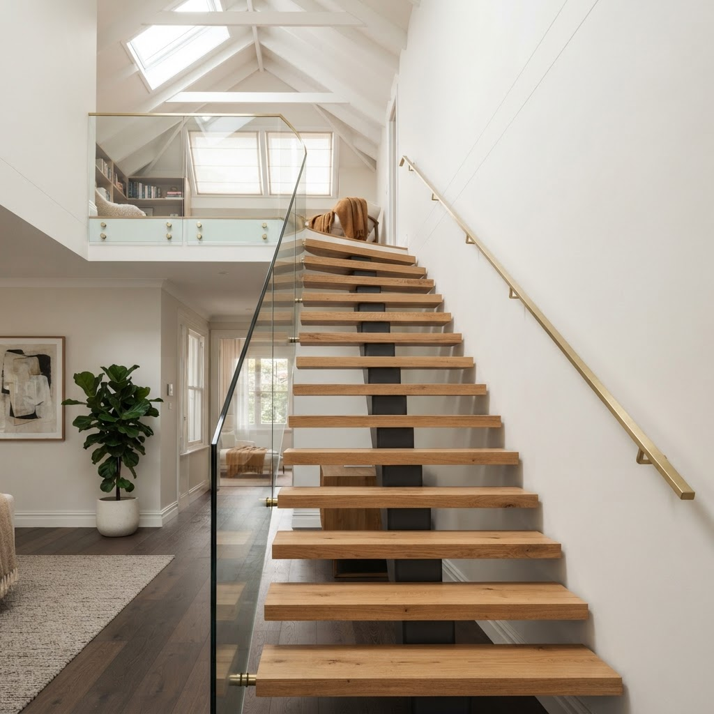 Floating mono stringer staircase with a single central steel spine, oak treads and glass balustrade in a luxury Sydney attic