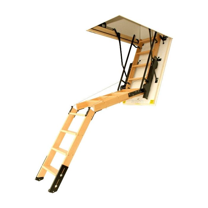 Skylark folding timber electric attic ladder with black metal hinges extended down from a ceiling hatch