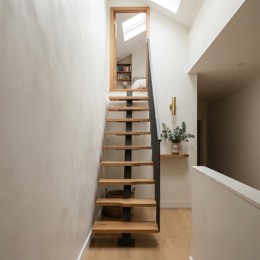 Compact alternating-tread space saver staircase with oak treads and a slim steel frame leading to an attic
