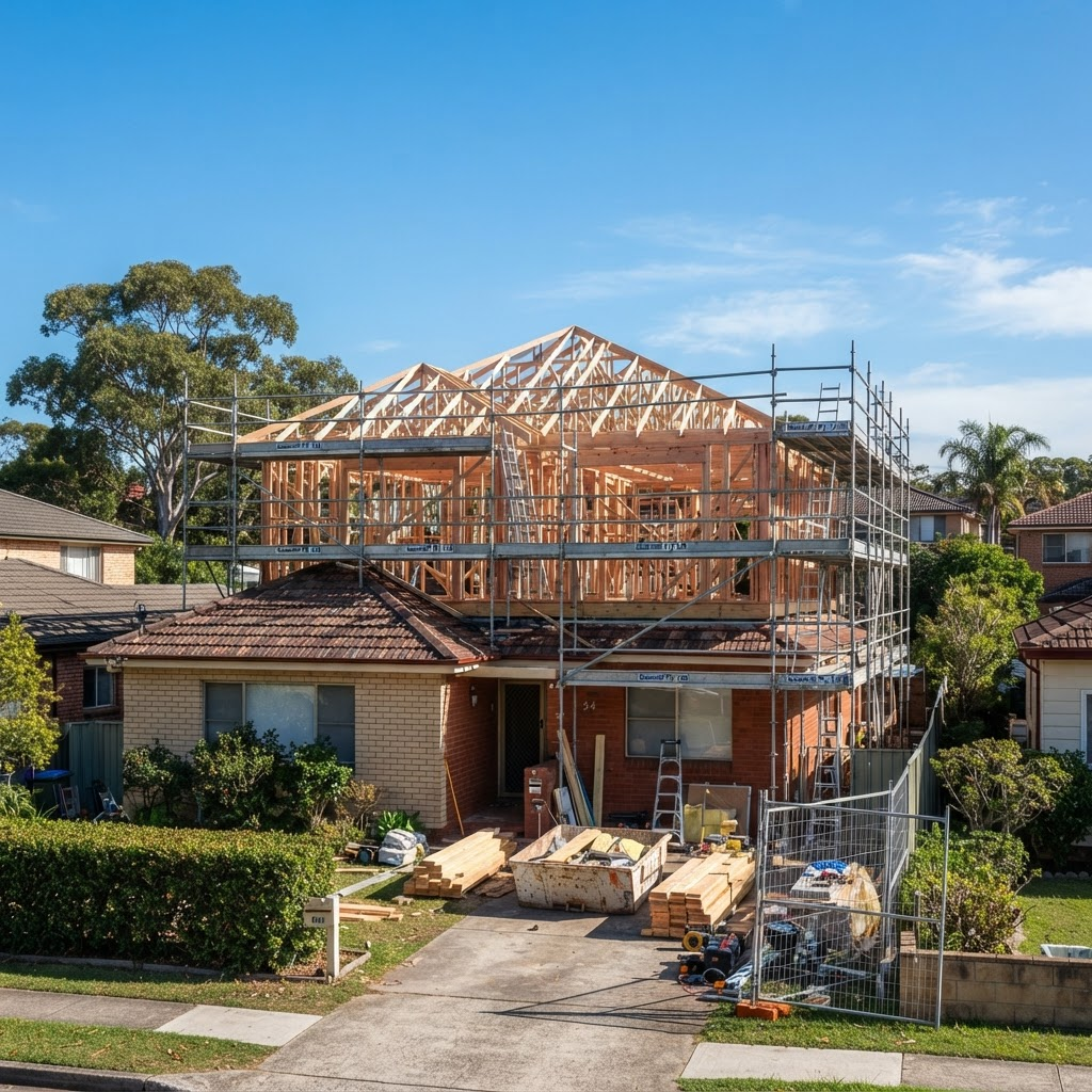 Second storey extension under construction showing new framing and roof structure on a Sydney home