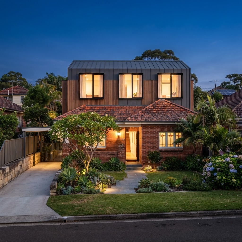Second storey extension on a Sydney home at dusk by Inner City Attics