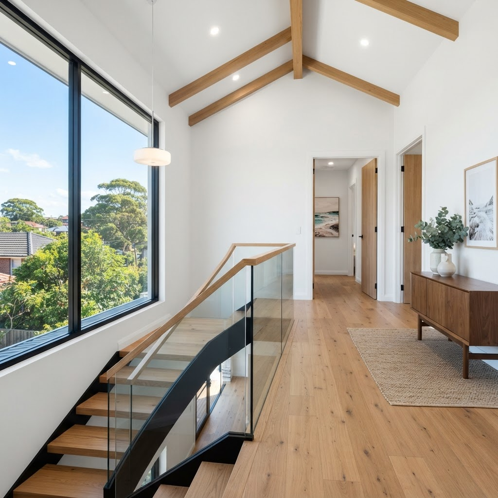 Bright new upper floor landing and staircase inside a completed second storey extension in Sydney